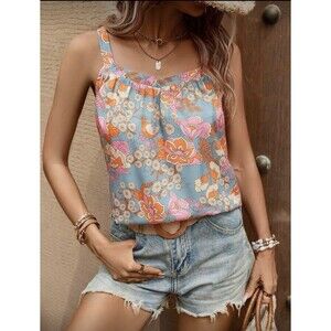 Emery Rose Women Floral Print Wide Strap Blouse Top Small Multicolor Lightweight